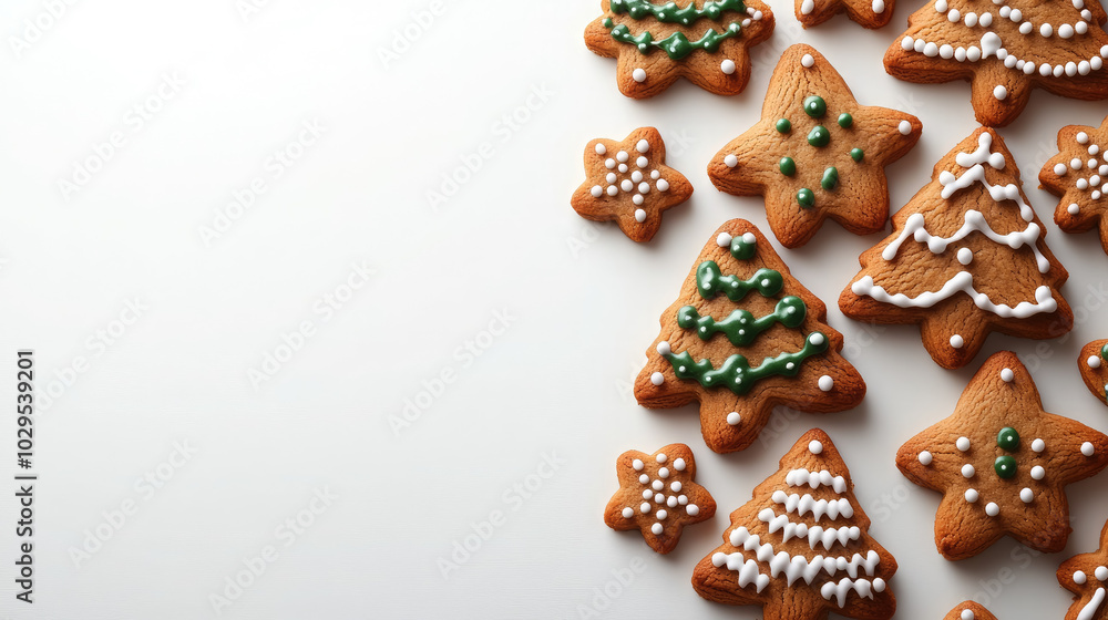 Christmas gingerbread cookies in the shape of fir trees with green icing lie on a white background, baking, copyspace, place for text, new year, holiday, food, party, delicious cake, sugar dough, cafe Christmas gingerbread cookies in the shape of fir trees with green icing lie on a white background, baking, copyspace, place for text, new year, holiday, food, party, delicious cake, sugar dough, cafe