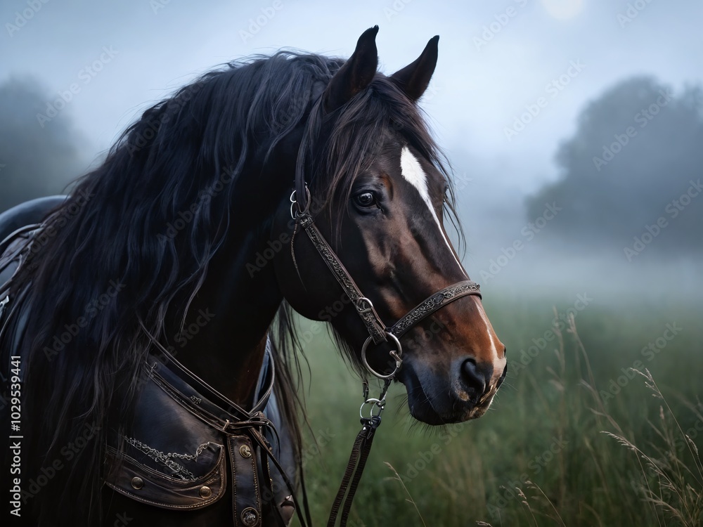 Fototapeta premium A majestic horse stands in a misty field at dawn, showcasing its rich coat and intricate bridle as the fog lingers around