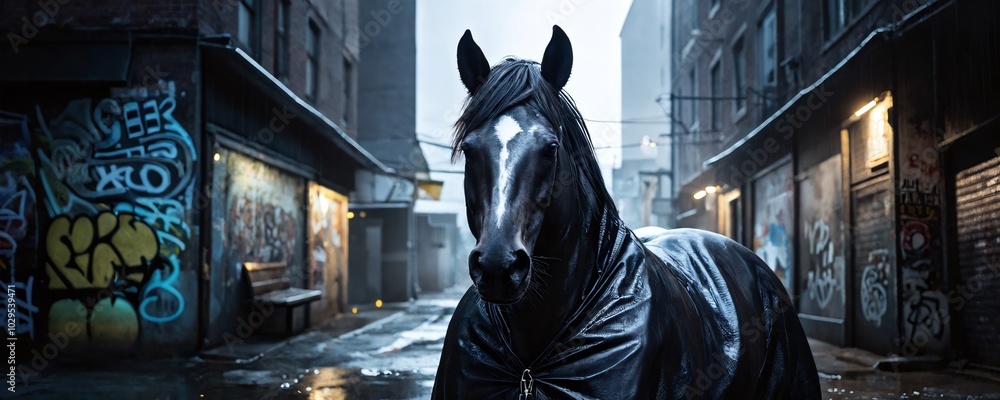 A solitary black horse stands mysteriously in a dimly lit urban alley surrounded by colorful graffiti at dusk A solitary black horse stands mysteriously in a dimly lit urban alley surrounded by colorful graffiti at dusk