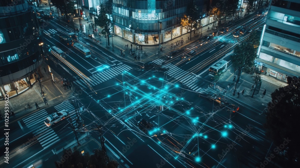 Fototapeta premium Smart city technology image with checkpoint communication network