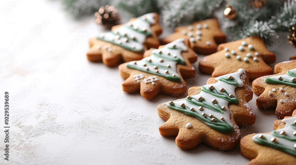 Christmas gingerbread cookies in the shape of fir trees with green icing lie on a white background, baking, copyspace, place for text, new year, holiday, food, party, delicious cake, sugar dough, cafe Christmas gingerbread cookies in the shape of fir trees with green icing lie on a white background, baking, copyspace, place for text, new year, holiday, food, party, delicious cake, sugar dough, cafe