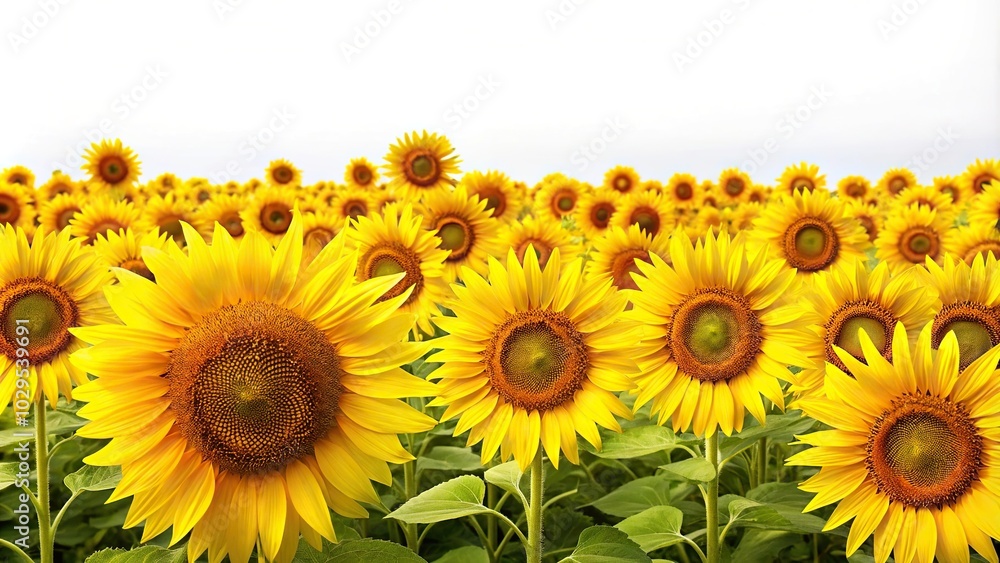 Fototapeta premium Panoramic view of vibrant yellow sunflowers against a white backdrop
