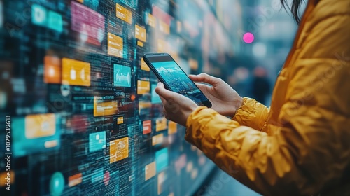 Person in yellow jacket browses a digital interface on a phone. .