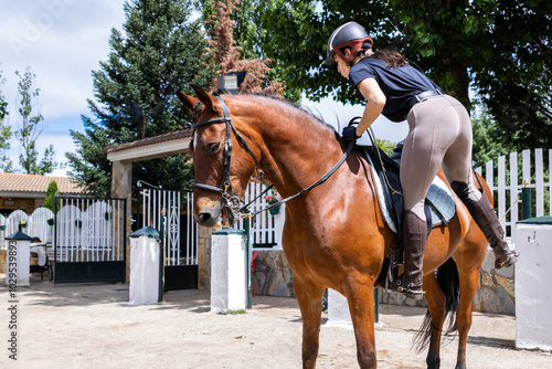 Εκτύπωση καμβά Female rider mounting a horse at the stable