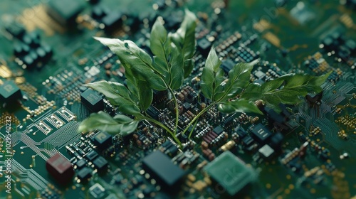 A digitally generated photo of a tree with leaves growing from a circuit board, representing the concept of technology.