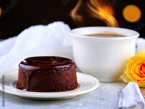 Indulgent chocolate dessert served with steaming cup of coffee, surrounded by a delicate white napkin and a vibrant flower