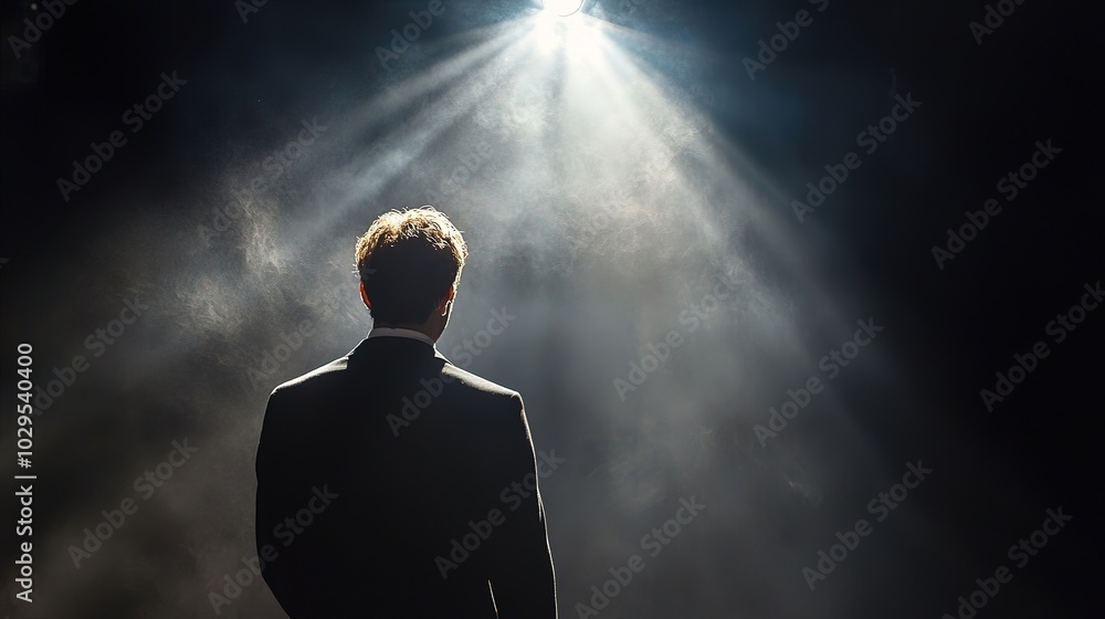 Fototapeta premium Lone distinguished businessman in a dark suit standing under a bright spotlight, with dramatic volumetric light rays and smoke, concept for success, achievement and individual recognition
