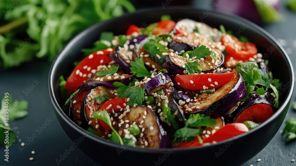 The picture of fresh vegetable salad with eggplant and sesame seeds arranged on a plate looks very delicious. The picture of fresh vegetable salad with eggplant and sesame seeds arranged on a plate looks very delicious.