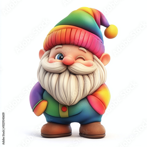 Christmas little dwarf in rainbow clothes on white background 