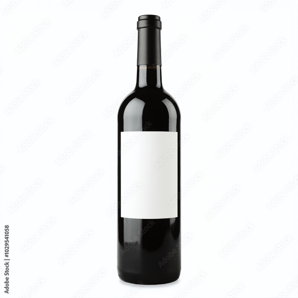 A dark glass wine bottle with a blank label positioned on a neutral background for branding and design purposes A dark glass wine bottle with a blank label positioned on a neutral background for branding and design purposes