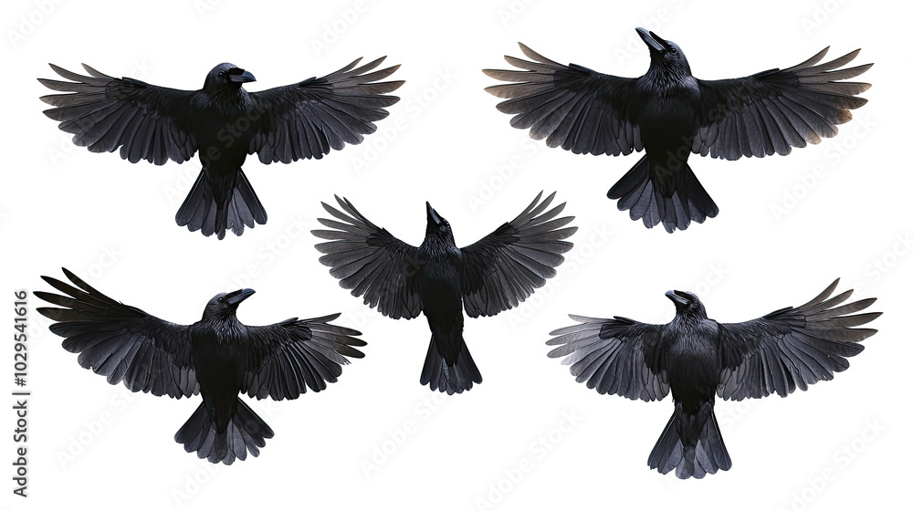 Obraz premium Set of Raven Crow Birds With Spread Wings on a White Background Generative AI