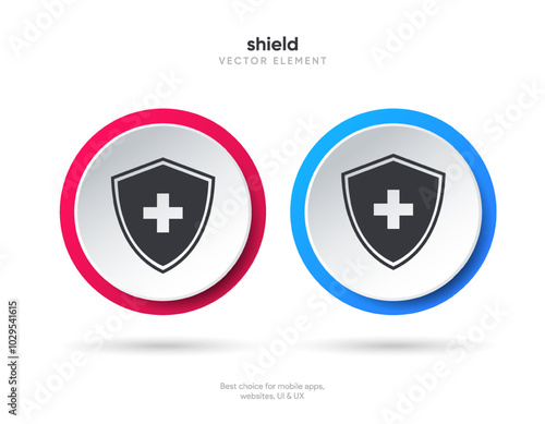Flat health insurance icon set, medical health protection shield symbol with cross, healthcare medicine icon. Vector eps10