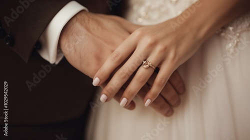 Bride and Groom Holding Hands, Close-Up of Groom’s Hand Hugging Bride’s Waist, Bride’s Hand with Wedding Rings on Top