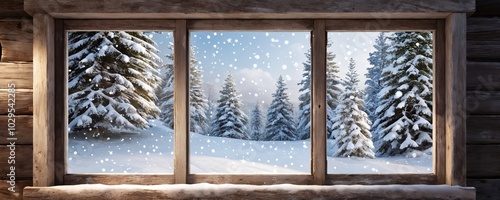 Snowflakes gently falling outside a wooden cabin window surrounded by snow-covered trees on a winter morning