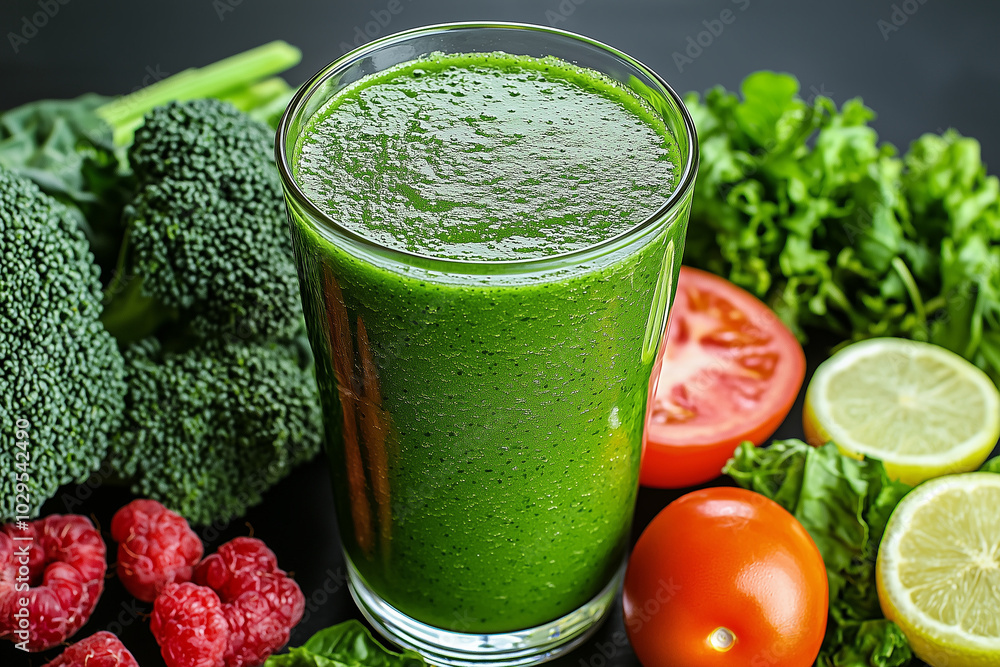 A healthy green smoothie in a glass surrounded by fresh produce, diet, healthy eating, vegetarianism A healthy green smoothie in a glass surrounded by fresh produce, diet, healthy eating, vegetarianism