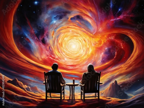 Two contemplative figures gazing into a vibrant cosmic swirl at sunset in a serene landscape