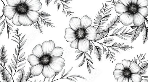  A black and white illustration of flowers and foliage on a white backdrop, featuring a monochromatic line-drawn rendition of the same subjects (41