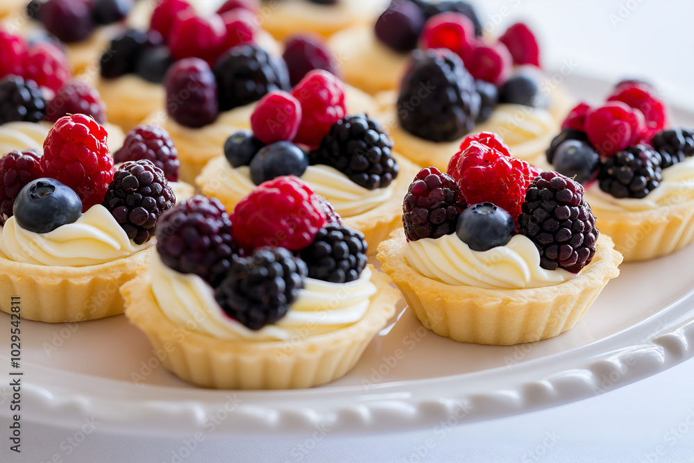 Mini Tarts with Mixed Berries and Cream, A collection of bite-sized tarts filled with vanilla cream and topped with an assortment of fresh berries, arranged on a serving platter, Delicious dessert Mini Tarts with Mixed Berries and Cream, A collection of bite-sized tarts filled with vanilla cream and topped with an assortment of fresh berries, arranged on a serving platter, Delicious dessert