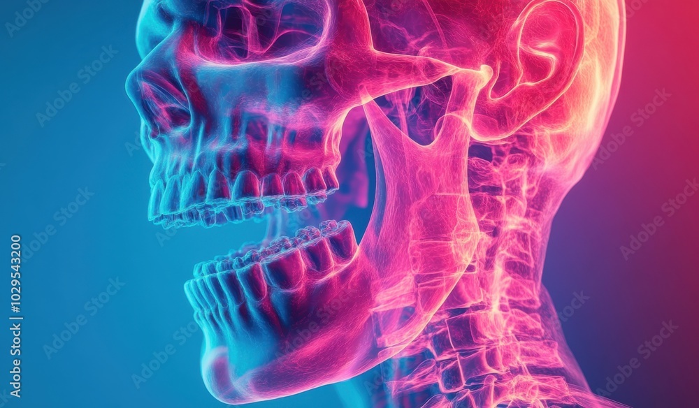 Futuristic digital representation of a human skull and hand with vibrant neon colors illustrating anatomy and technology integration Futuristic digital representation of a human skull and hand with vibrant neon colors illustrating anatomy and technology integration