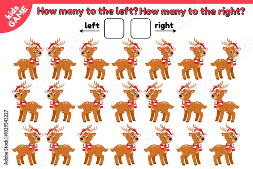 Christmas kids math counting game. How many reindeer walks to the left and how many to the right. Count and write answer. Educational Xmas puzzle. Vector illustration. Perfect for education children.