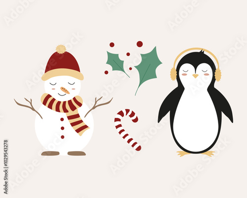 Christmas set of elements, set, clipart withThe penguin and the snowman. Set of cute clipart with Christmas gifts. Vector graphics. Mistletoe.  photo