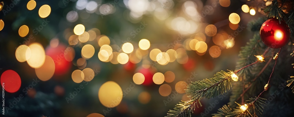 Festive Christmas tree lights and ornaments create a warm atmosphere during a joyful holiday celebration in a cozy setting Festive Christmas tree lights and ornaments create a warm atmosphere during a joyful holiday celebration in a cozy setting