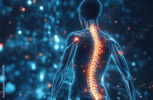 Digital illustration of human spine with glowing highlights in an X-ray view of the back, emphasizing anatomy and neural connections photo