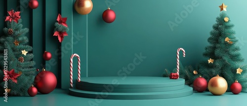 Elegant Christmas background with a beautifully decorated green podium featuring a Christmas tree adorned with golden ornaments, candy canes, and festive gifts. photo