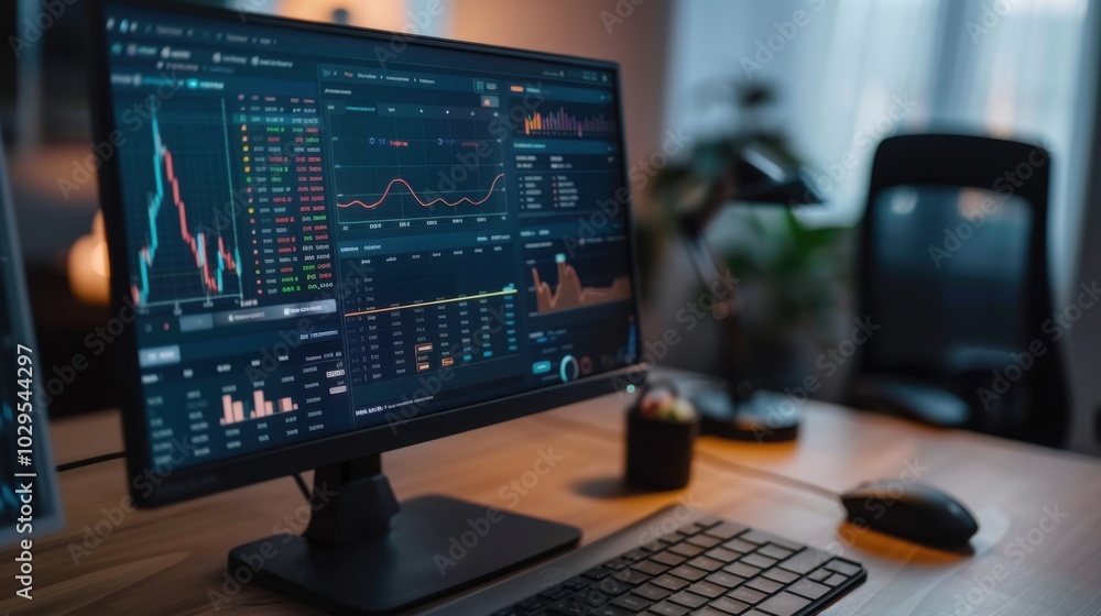 Modern Workspace with Financial Data Analysis on Screen Modern Workspace with Financial Data Analysis on Screen