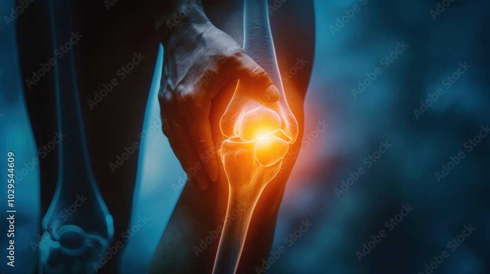 Human Hand Holding Knee Joint with Pain Highlighted Human Hand Holding Knee Joint with Pain Highlighted
