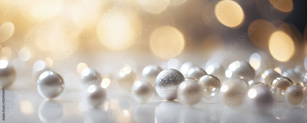 A collection of shimmering pearls and silver spheres scattered on a reflective surface with soft glowing lights in the background A collection of shimmering pearls and silver spheres scattered on a reflective surface with soft glowing lights in the background