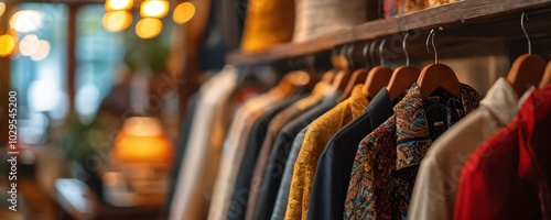 A cozy boutique showcasing a vibrant collection of shirts on display during golden hour in a warmly lit retail space