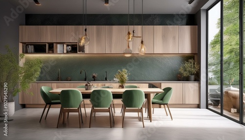  Wide-angle view of a minimalist kitchen featuring light wooden cabinets, a black concrete ba 