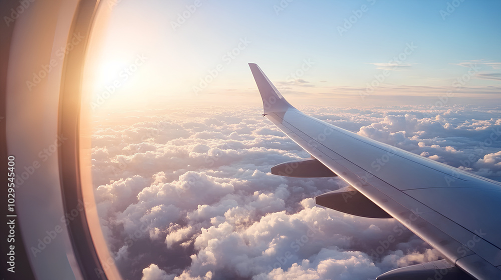 Obraz premium porthole, airplane wing, light clouds, sunny weather, travel