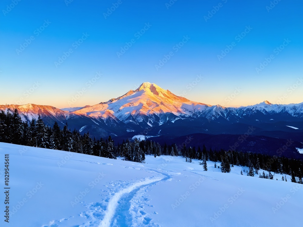 Obraz premium Snow-covered mountains at sunset with trails leading into the scenic landscape