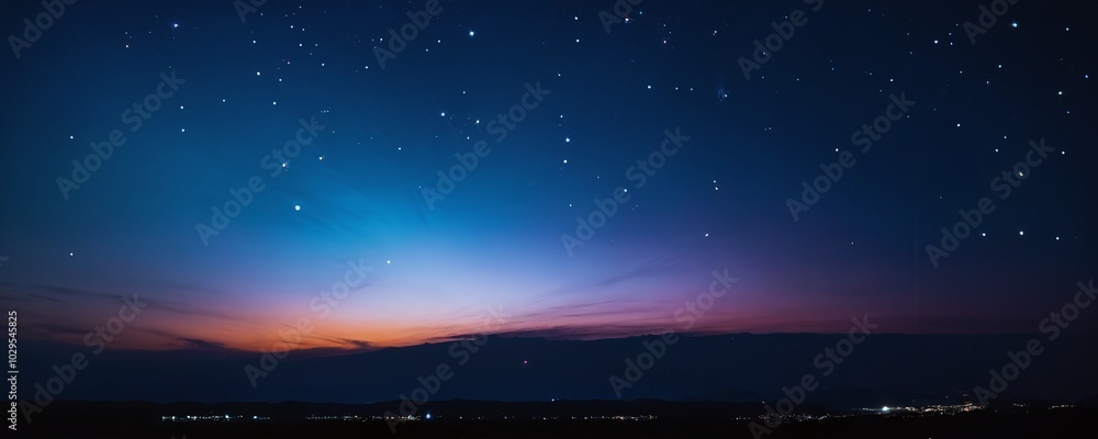 A serene twilight sky filled with stars above a peaceful landscape at dusk A serene twilight sky filled with stars above a peaceful landscape at dusk