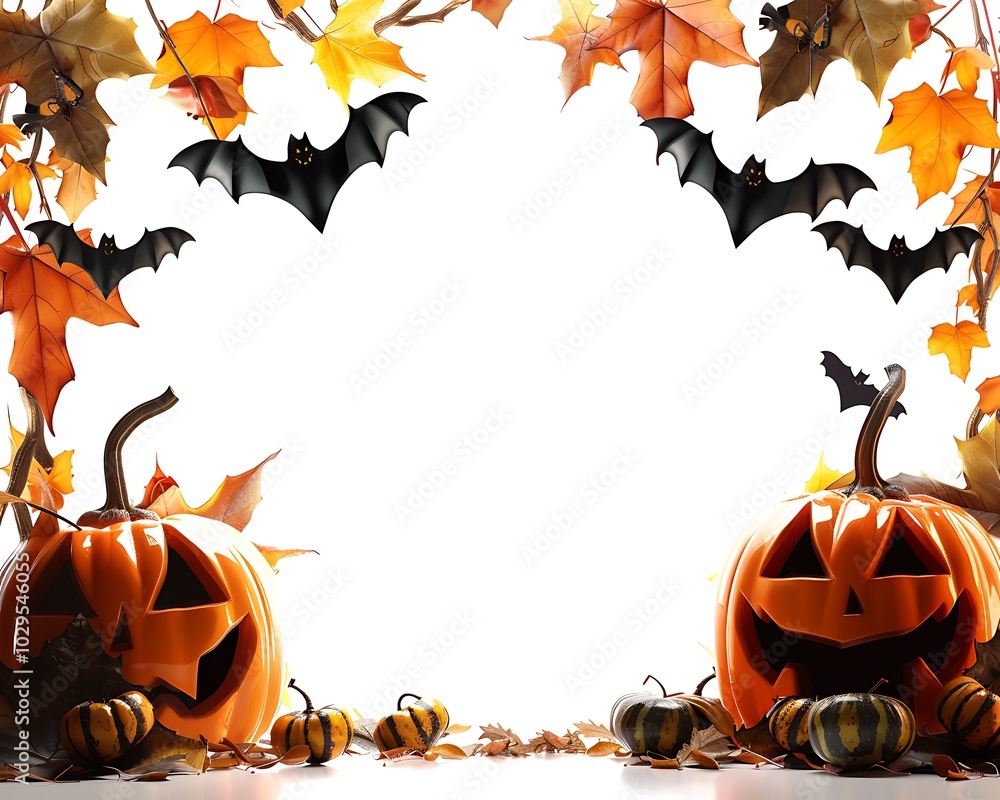 Halloween frame with pumpkins, leaves, bats, white backdrop, digital painting, photorealistic, copy space. Halloween frame with pumpkins, leaves, bats, white backdrop, digital painting, photorealistic, copy space.