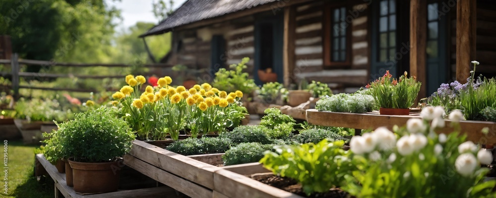 A vibrant garden blooms with colorful flowers and fresh herbs in front of a rustic wooden cabin during a sunny daytime A vibrant garden blooms with colorful flowers and fresh herbs in front of a rustic wooden cabin during a sunny daytime
