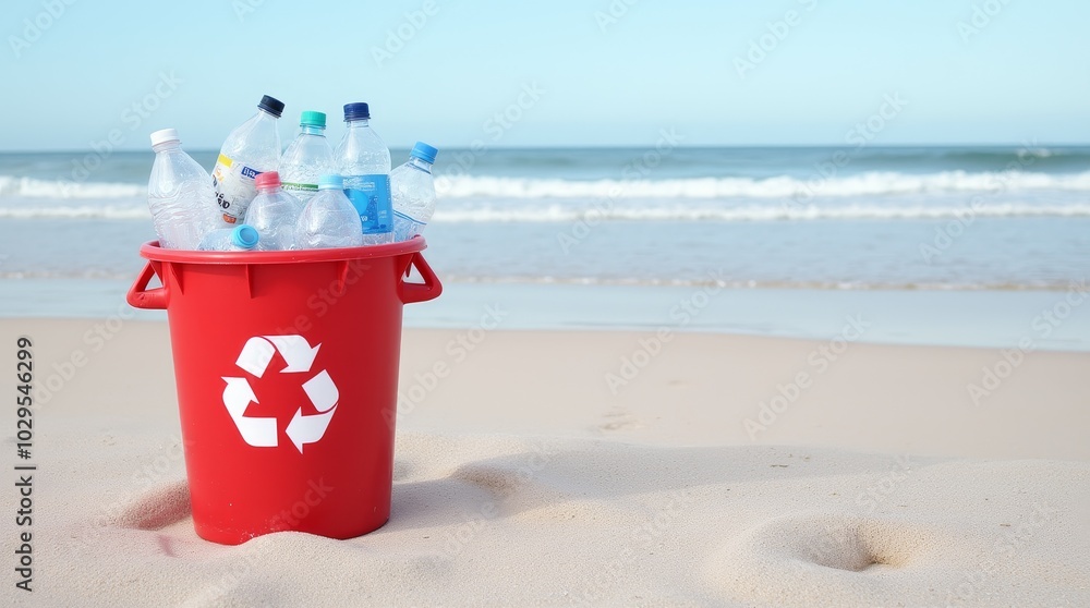 A red recycling bin filled with plastic bottles on a beach by the ocean during a clear, sunny day with gentle waves A red recycling bin filled with plastic bottles on a beach by the ocean during a clear, sunny day with gentle waves
