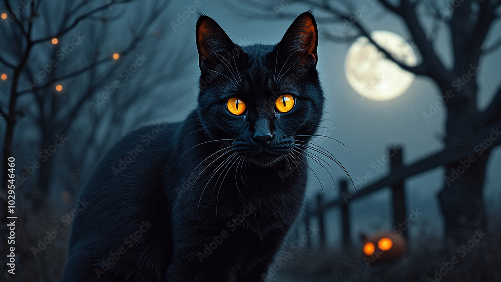 Black cat with glowing eyes observing the eerie night in a spooky setting Black cat with glowing eyes observing the eerie night in a spooky setting