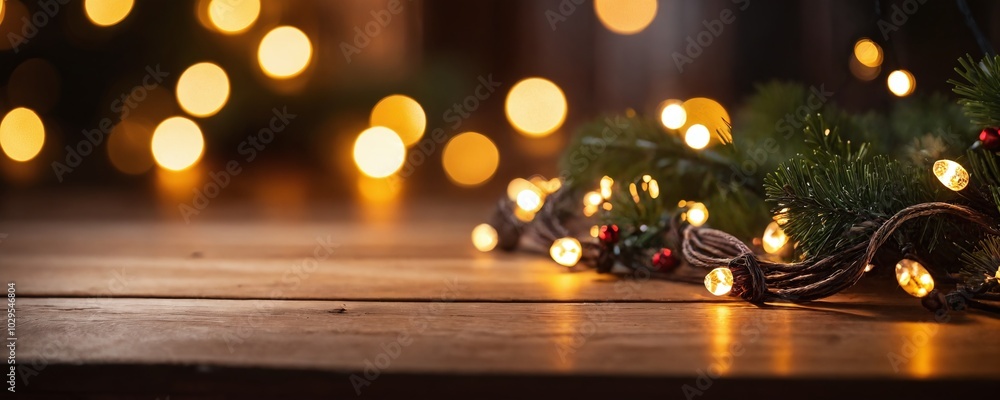 Softly glowing Christmas lights adorn a rustic wooden table amidst a festive atmosphere during the holiday season Softly glowing Christmas lights adorn a rustic wooden table amidst a festive atmosphere during the holiday season