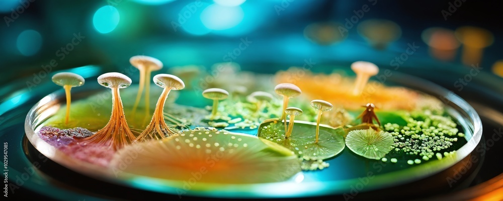 Colorful display of bioluminescent fungi growing in a laboratory petri dish illuminated by soft lighting Colorful display of bioluminescent fungi growing in a laboratory petri dish illuminated by soft lighting