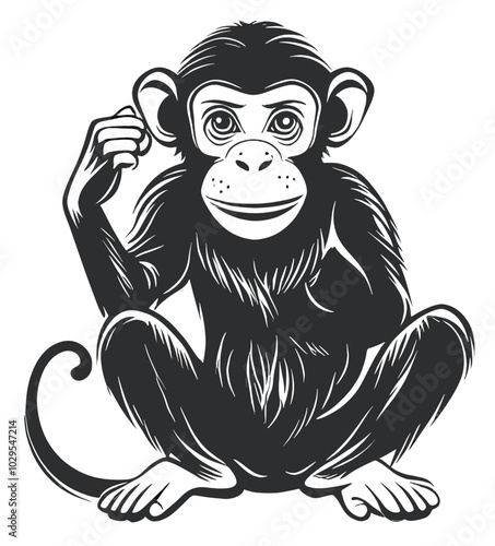 Detailed black-and-white illustration of a chimpanzee sitting with a curious expression, showcasing realistic fur texture and thoughtful pose in a bold design