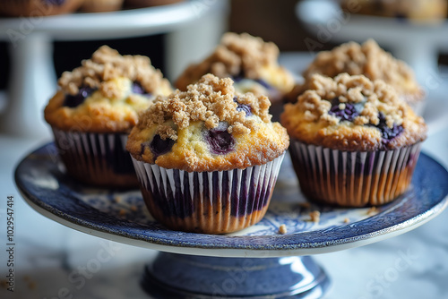 Blueberry Muffins with a Streusel Topping Freshly baked blueberry muffins topped with a crumbly streusel, arranged on a plate, Delicious dessert food photography