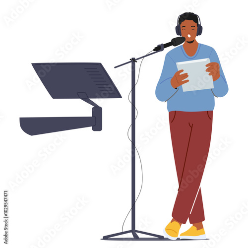 Man Wear Headphones Is Standing In Front Of A Microphone, Reading From A Script. Character Recording Audio Setup