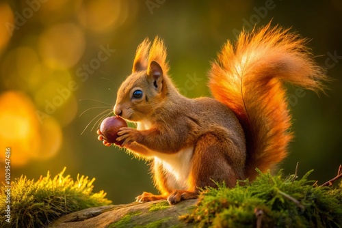 Red Squirrel Eating Chestnut in Low Light - Nature Photography