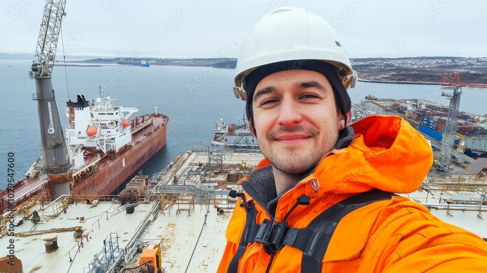 Selfie of worker, wearing orange jacket and white helmet. On background sea and cargo ship Selfie of worker, wearing orange jacket and white helmet. On background sea and cargo ship