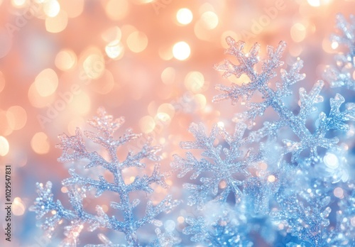 A background of light pastel peach and blue with snowflakes, bokeh lights in the background Generative AI