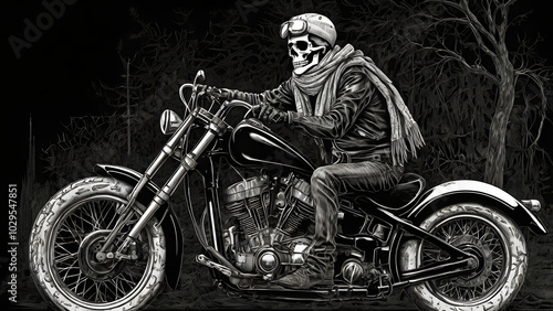 Skull Biker's Motorcycle With Scarves And Hats: A Black-and-White Sketch With A Cool, Rebellious Feeling generative ai