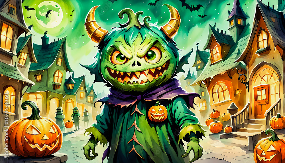 A mischievous Halloween monster stands in a haunted village filled with glowing pumpkins under a full moon and dark bats A mischievous Halloween monster stands in a haunted village filled with glowing pumpkins under a full moon and dark bats